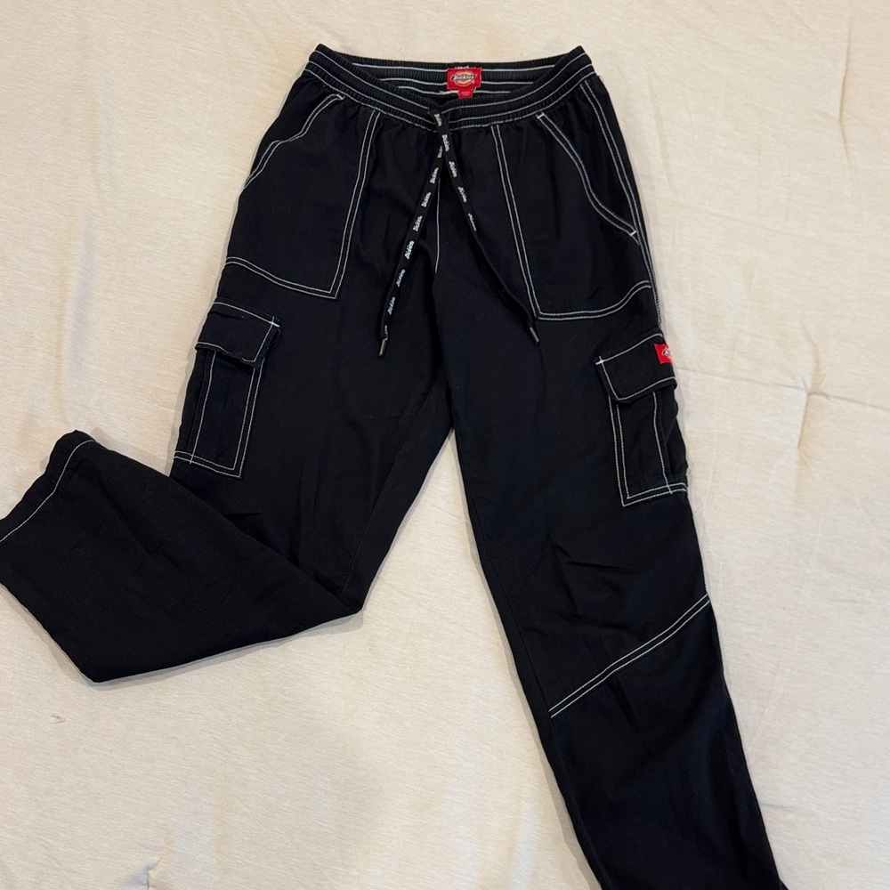 Dickies Black Cargo Pants with White Stitching